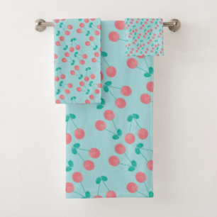 Cherries Hand Painted Watercolor Pink Teal Bath Towel Set