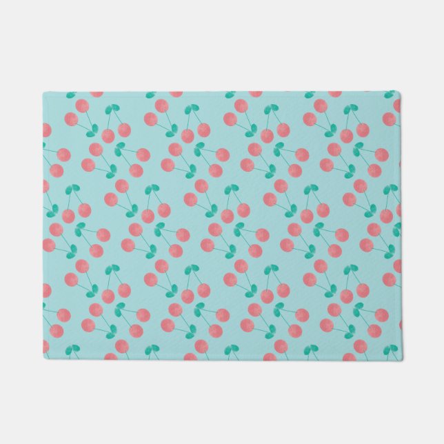Cherries Hand Painted Watercolor Pink Teal       Doormat (Front)