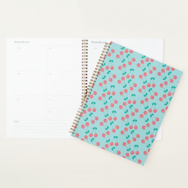 Cherries Hand Painted Watercolor Pink Teal       Planner (Display)