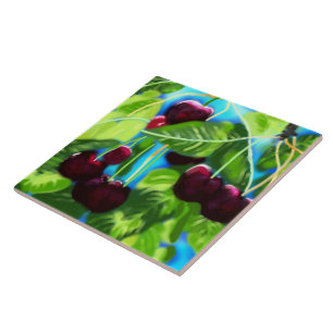 Cherries Hanging From Branches Cherry Red Green Tile