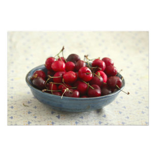 Cherries in a blue bowl photo print