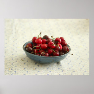 Cherries in a blue bowl poster