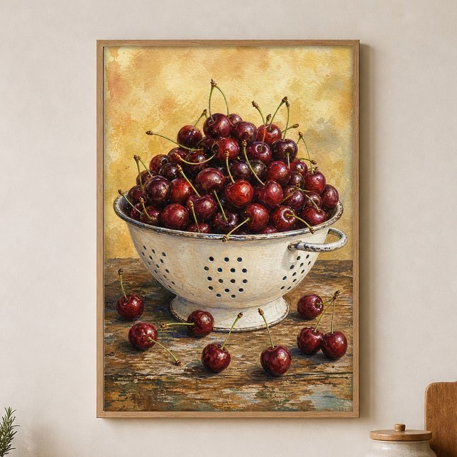 Cherries in a Colander Watercolour Poster (Shown framed for scale. Poster ships unframed; frames are an optional add-on.)