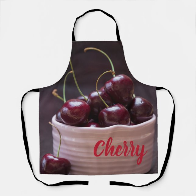 Cherries in pink bowl for fruit lover apron (Front)