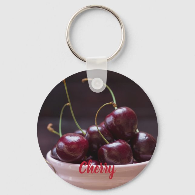 Cherries in pink bowl for fruit lover key ring (Front)