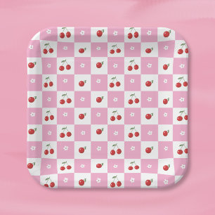 Cherries Little Flowers Pink and White Paper Plate