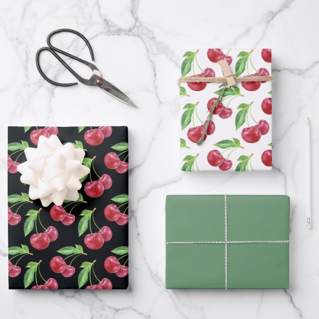 Cherries On A Stem Wrapping Paper Sheet (Front)
