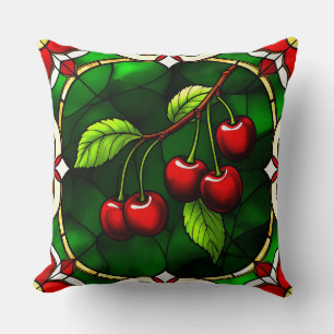 Cherries On Green Leaves With A Stained Glass Cushion