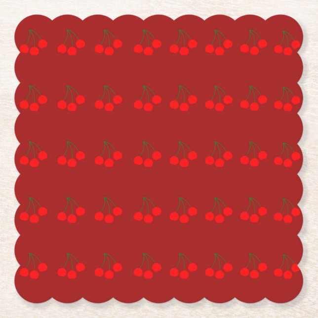 Cherries on Maroon Paper Coasters (Set of 6) (Front)