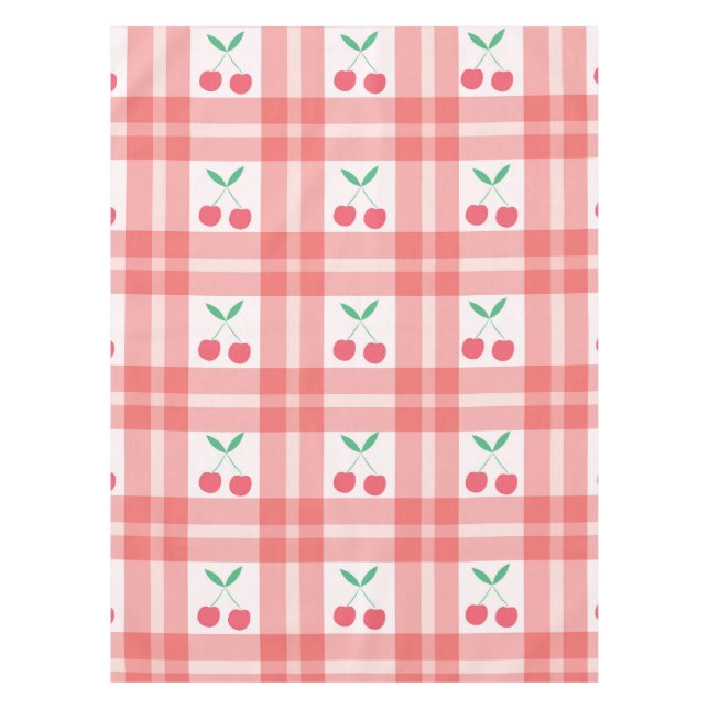 Cherries on Red Plaid Gingham Pattern  Tablecloth (Front)