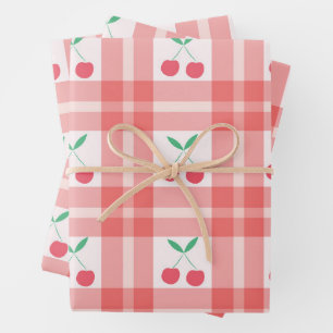 Cherries on Red Plaid Gingham Pattern  Wrapping Paper Sheet