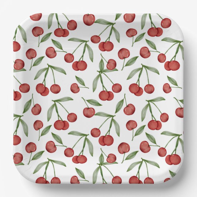 Cherries Paper Plates, Red Fruit Party Plate (Front)