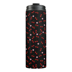Cherries Pattern on Black Background Thermal Tumbler