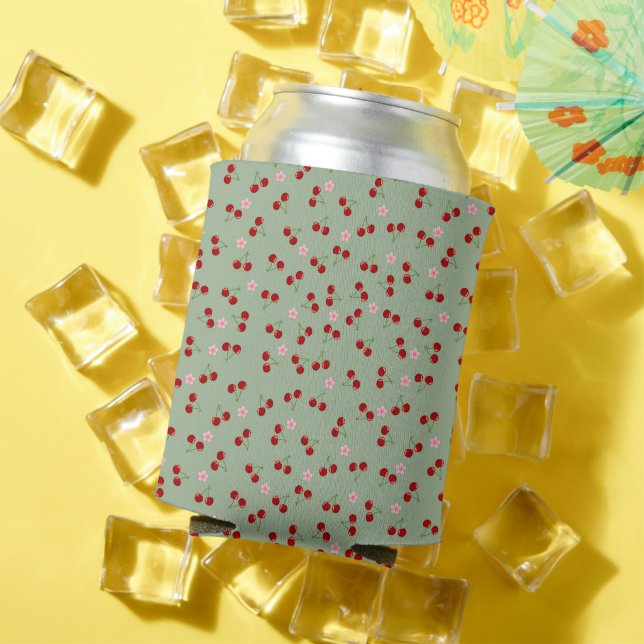 Cherries Pattern on Green Background Can Cooler (In Situ Summer)