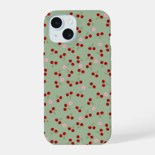 Cherries Pattern on Green Background iPhone 15 Case