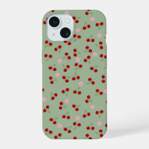 Cherries Pattern on Green Background iPhone 15 Case
