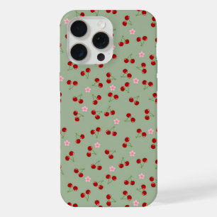 Cherries Pattern on Green Background iPhone 15 Pro Max Case