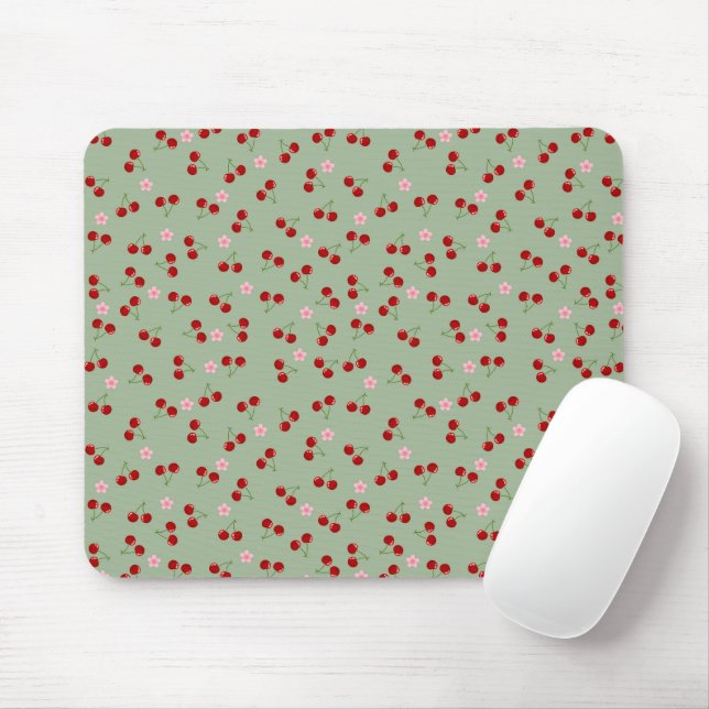 Cherries Pattern on Green Background Mouse Mat (With Mouse)