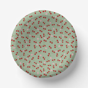 Cherries Pattern on Green Background Paper Plate