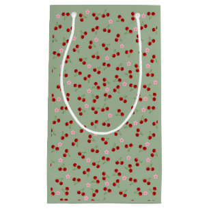 Cherries Pattern on Green Background Small Gift Bag