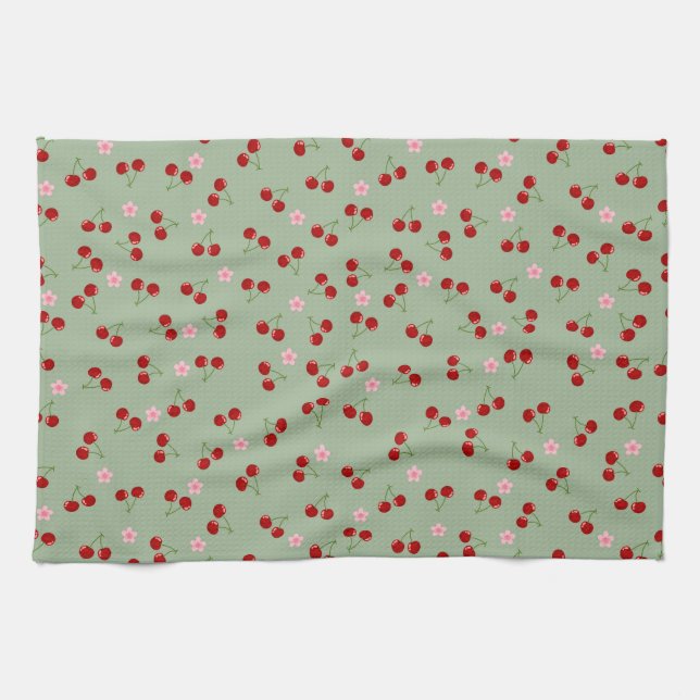 Cherries Pattern on Green Background Tea Towel (Horizontal)