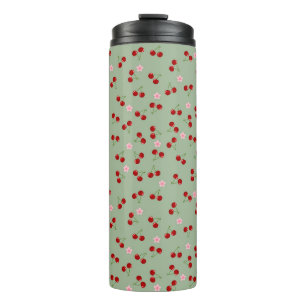 Cherries Pattern on Green Background Thermal Tumbler