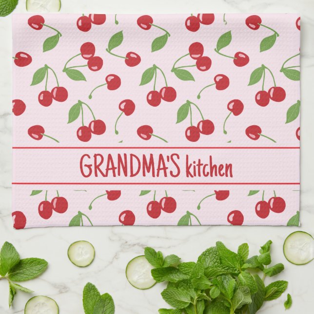 Cherries Pattern With Pale Pink Name Apron Tea Towel (Folded)