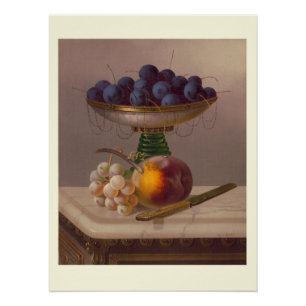 Cherries, peaches and grape still life poster