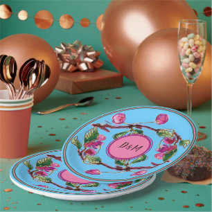 Cherries Pink Fruit on Turquoise with Initials Pap Paper Plate