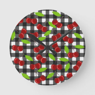 Cherries plaid pattern round clock