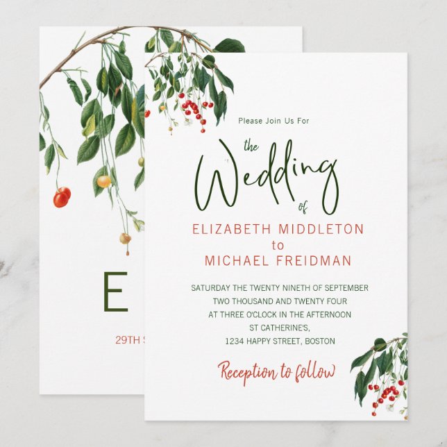 Cherries Red Green Modern Stylish Elegant Wedding Invitation (Front/Back)