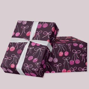 Cherries Ribbons and Bows Watercolor Pattern Wrapping Paper