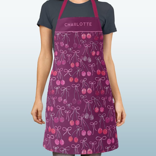 Cherries Ribbons Bows Pink Watercolor Personalised Apron (Watercolor cherries, ribbons and bows pattern cherry apron with personalized custom name)