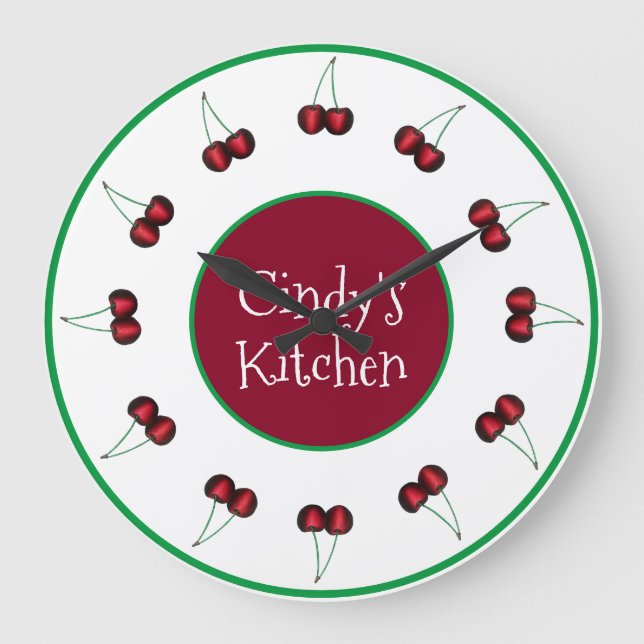 Cherries Ripe Red Cherry Kitchen Decor Fruit Art Large Clock (Front)