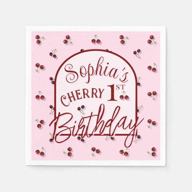 Cherries Theme First Birthday Paper Napkin (Front)