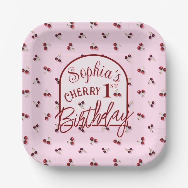 Cherries Theme First Birthday Paper Plate (Front)