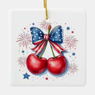 Cherries with Coquette Bow 4th of July American Ceramic Ornament