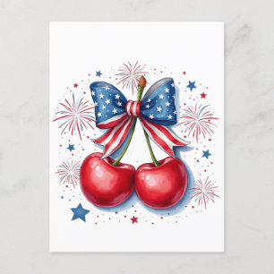 Cherries with Coquette Bow 4th of July American   Holiday Postcard