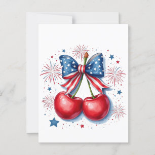 Cherries with Coquette Bow 4th of July American   Postcard