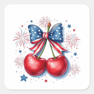 Cherries with Coquette Bow 4th of July American   Square Sticker