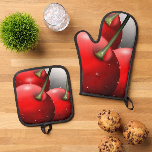 Cherries with Dew Drops Oven Mitt & Pot Holder Set (Top Down)
