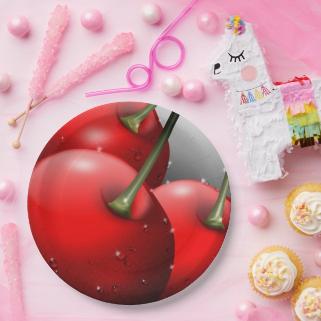 Cherries with Dew Drops Paper Plate (Party)