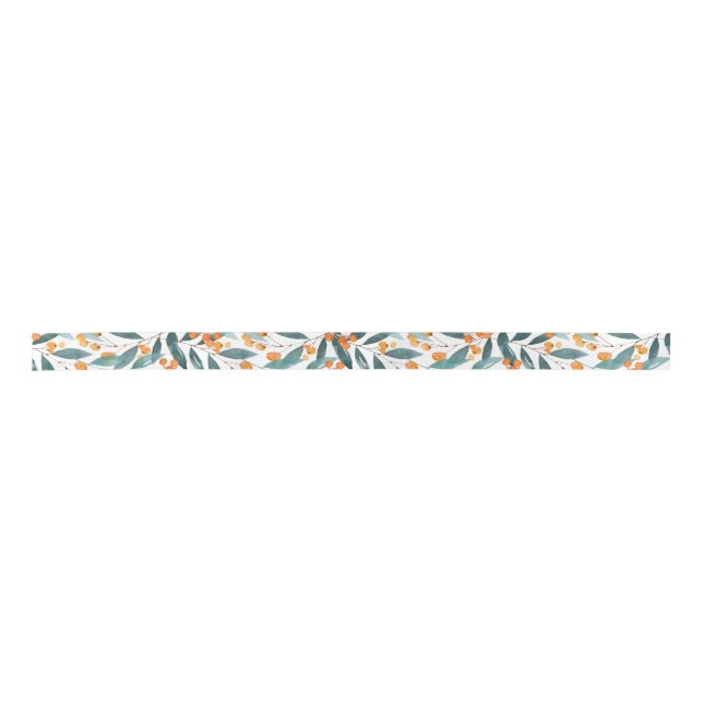 Cherries with Eucalyptus leaves on White Ribbon Satin Ribbon (Front)
