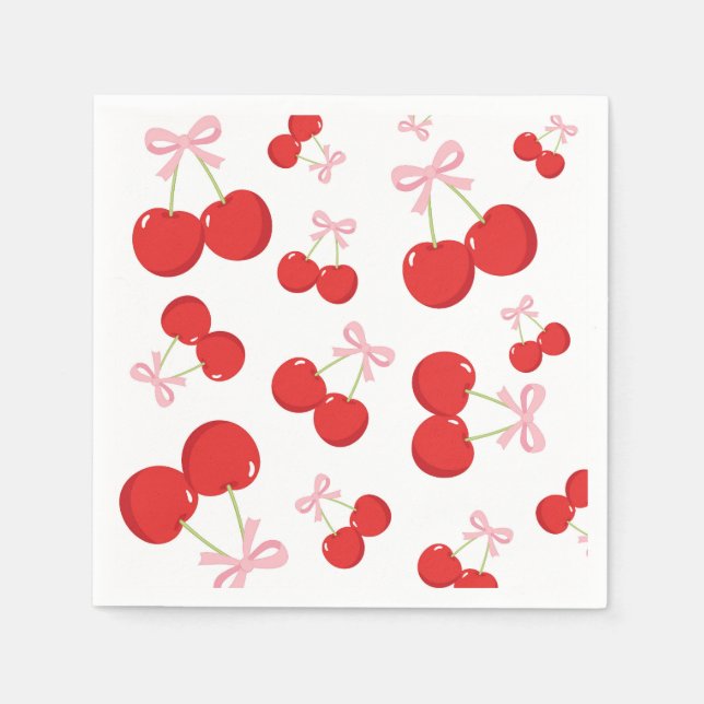 Cherries with Pink Bow Coquette Birthday Party Napkin (Front)