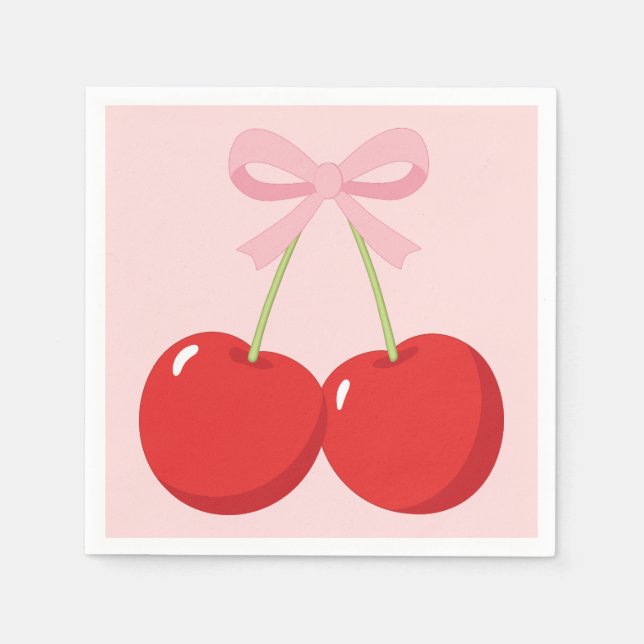 Cherries with Pink Bow Coquette Birthday Party Napkin (Front)