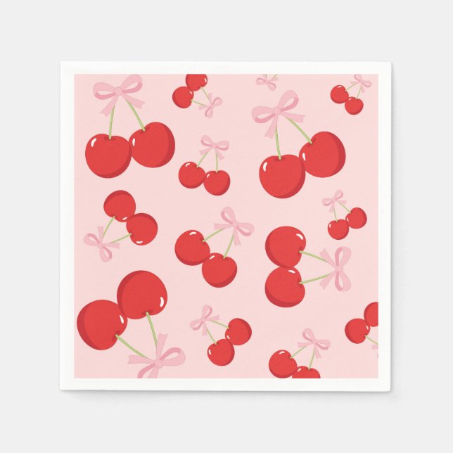 Cherries with Pink Bow Coquette Birthday Party Napkin (Front)