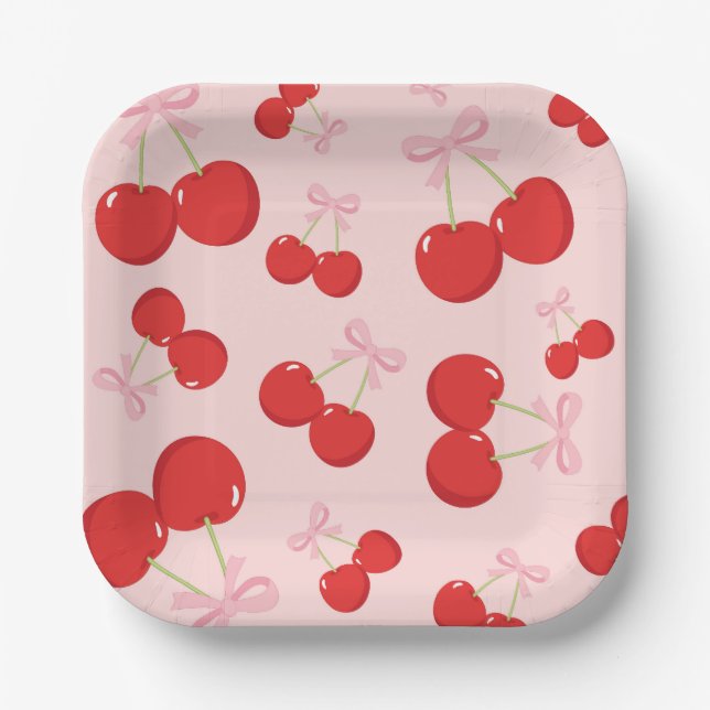 Cherries with Pink Bow Coquette Birthday Party Paper Plate (Front)