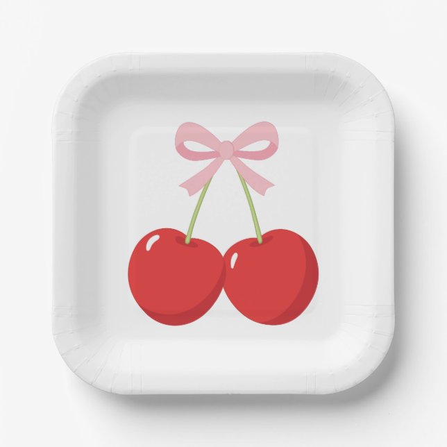 Cherries with Pink Bow Coquette Birthday Party Paper Plate (Front)
