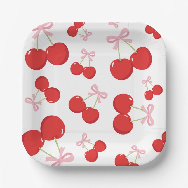 Cherries with Pink Bow Coquette Birthday Party Paper Plate (Front)