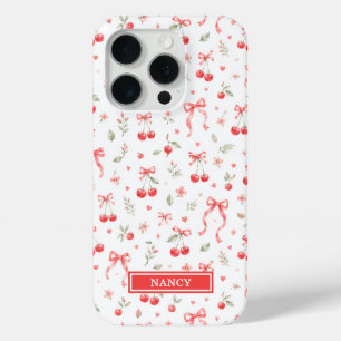 Cherries With Red Coquette Bows Monogrammed iPhone 15 Pro Case